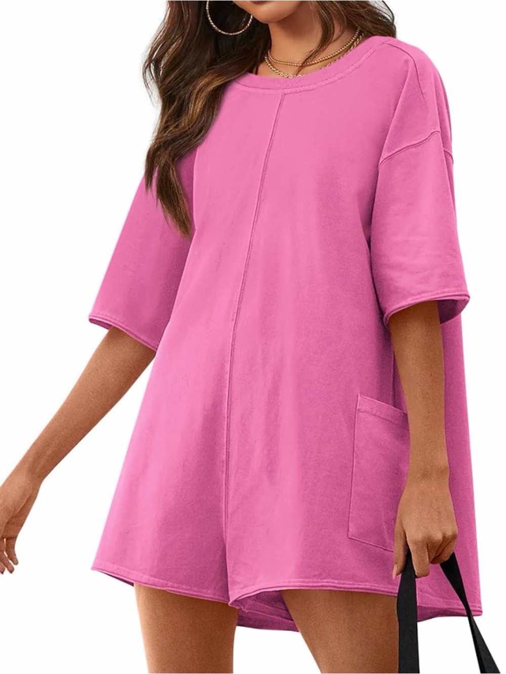 Relaxed Oversized Pink Pocket T-Shirt Romper 95% Cotton 5% Spandex